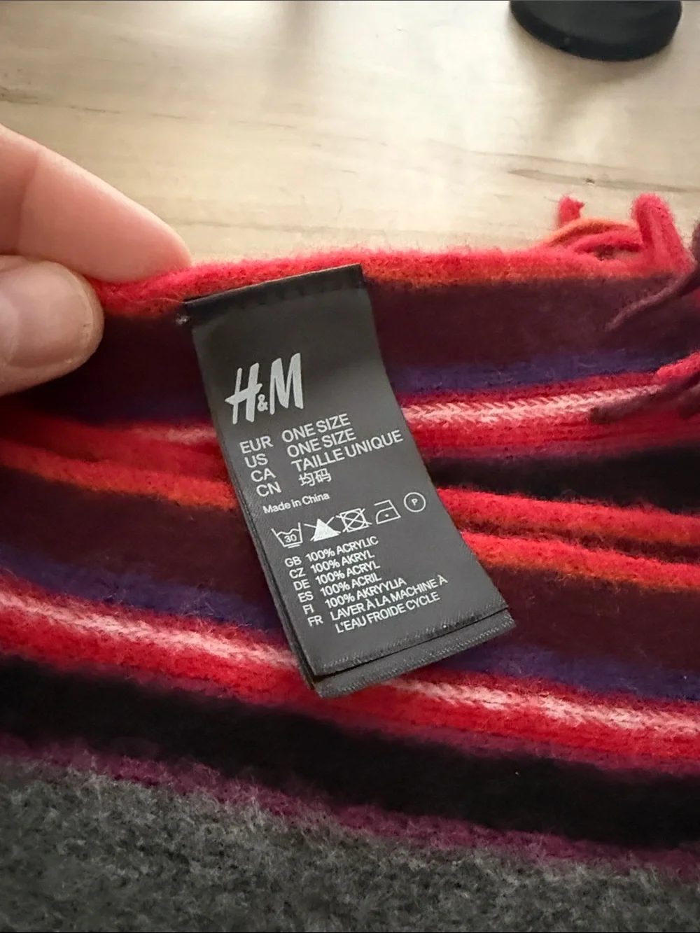 H&M Gray Striped Scarf with Red, Purple & Orange Accents